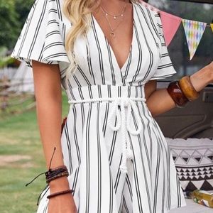 SHEIN Butterfly Sleeve Self Belted Striped Romper